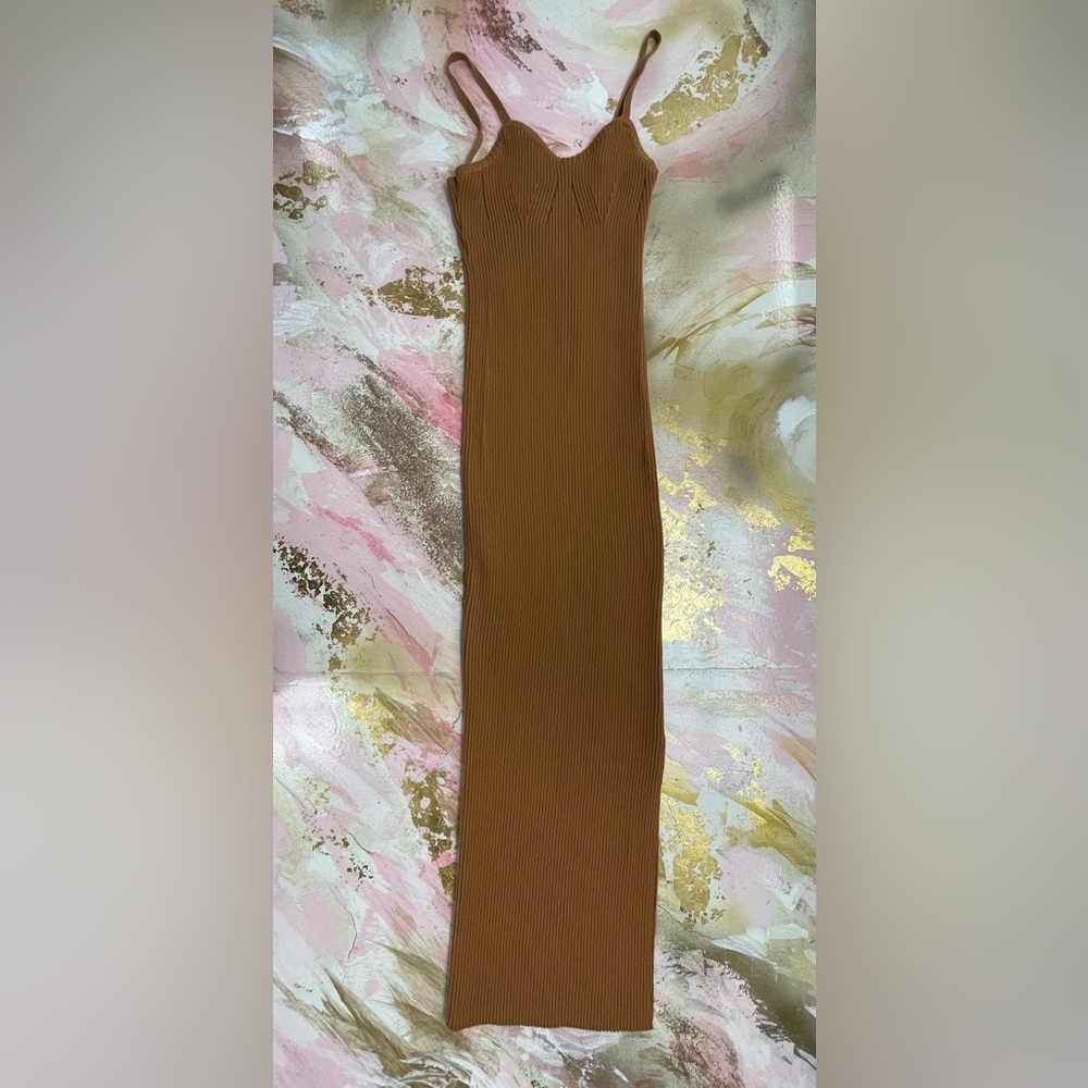 Lucca caramel brown ribbed bodycon maxi dress S